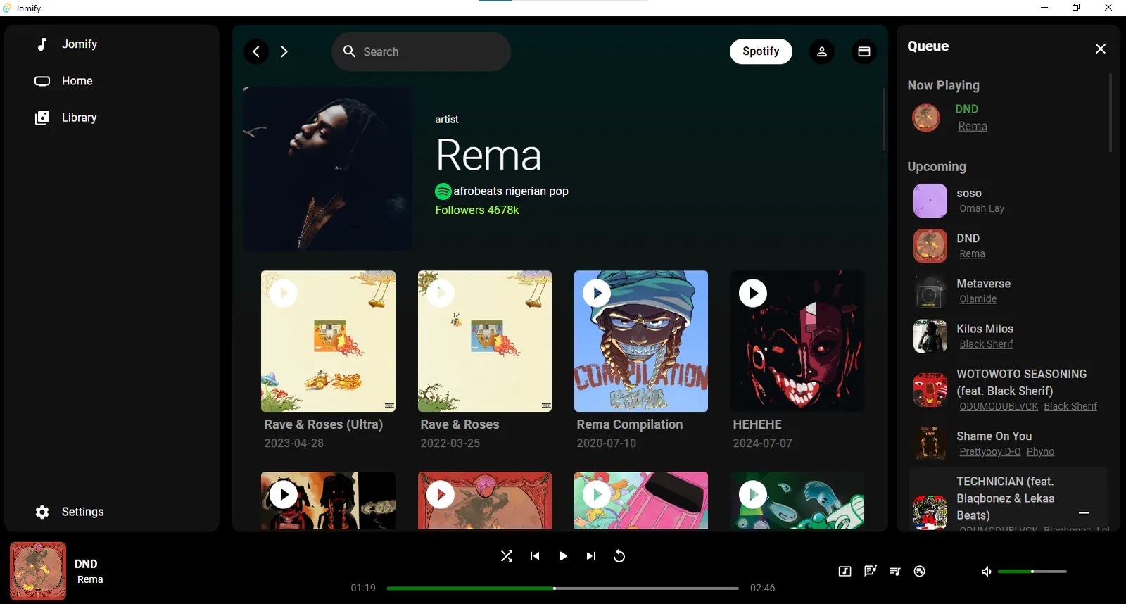 Jomify artist page with discography and follower count