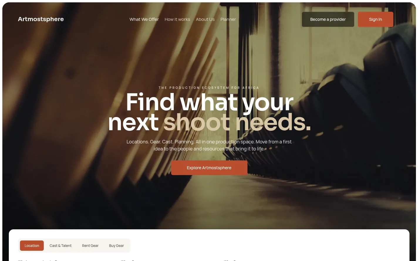 ArtMostSphere landing page: “Find what your next shoot needs” with a search for locations, cast, rental and purchase gear