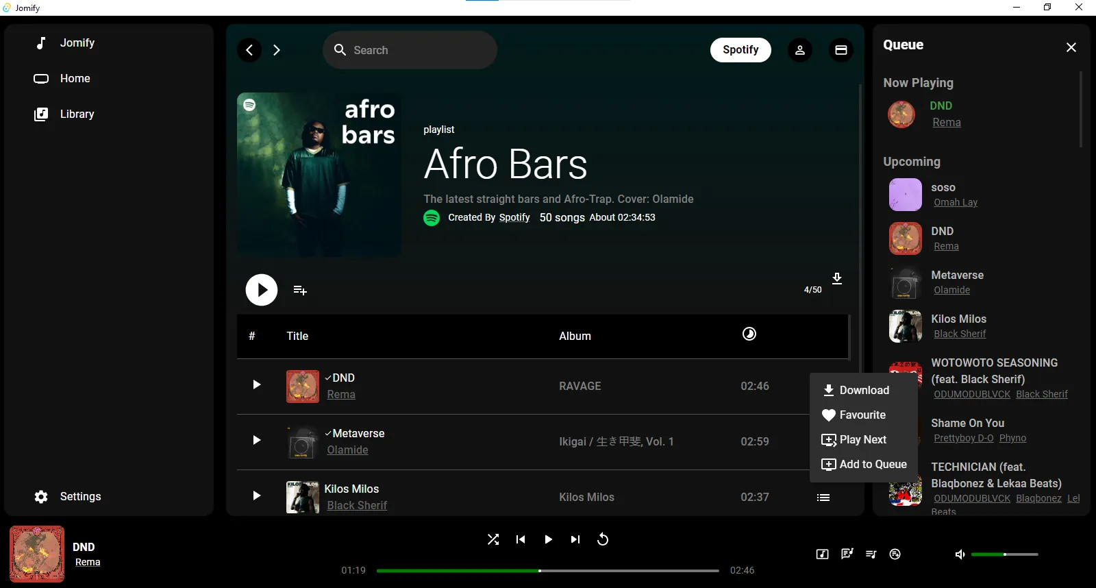 Jomify playlist page with download, favourite and play-next actions